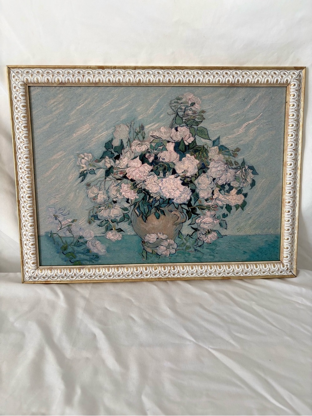 Vintage Vincent Van Gogh pink flowers artwork print in scalloped frame home art